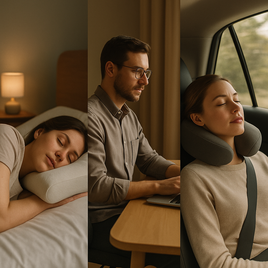Three scenes showing people using a travel neck pillow: in bed, at a desk, and in a car.