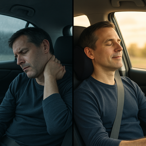 Side-by-side comparison of a man in a car showing discomfort and relaxation.