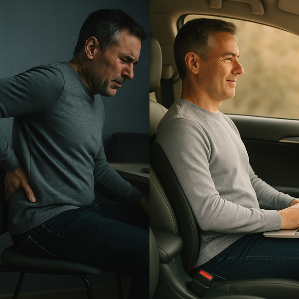 Side-by-side comparison of a man with poor posture and correct posture in a car.