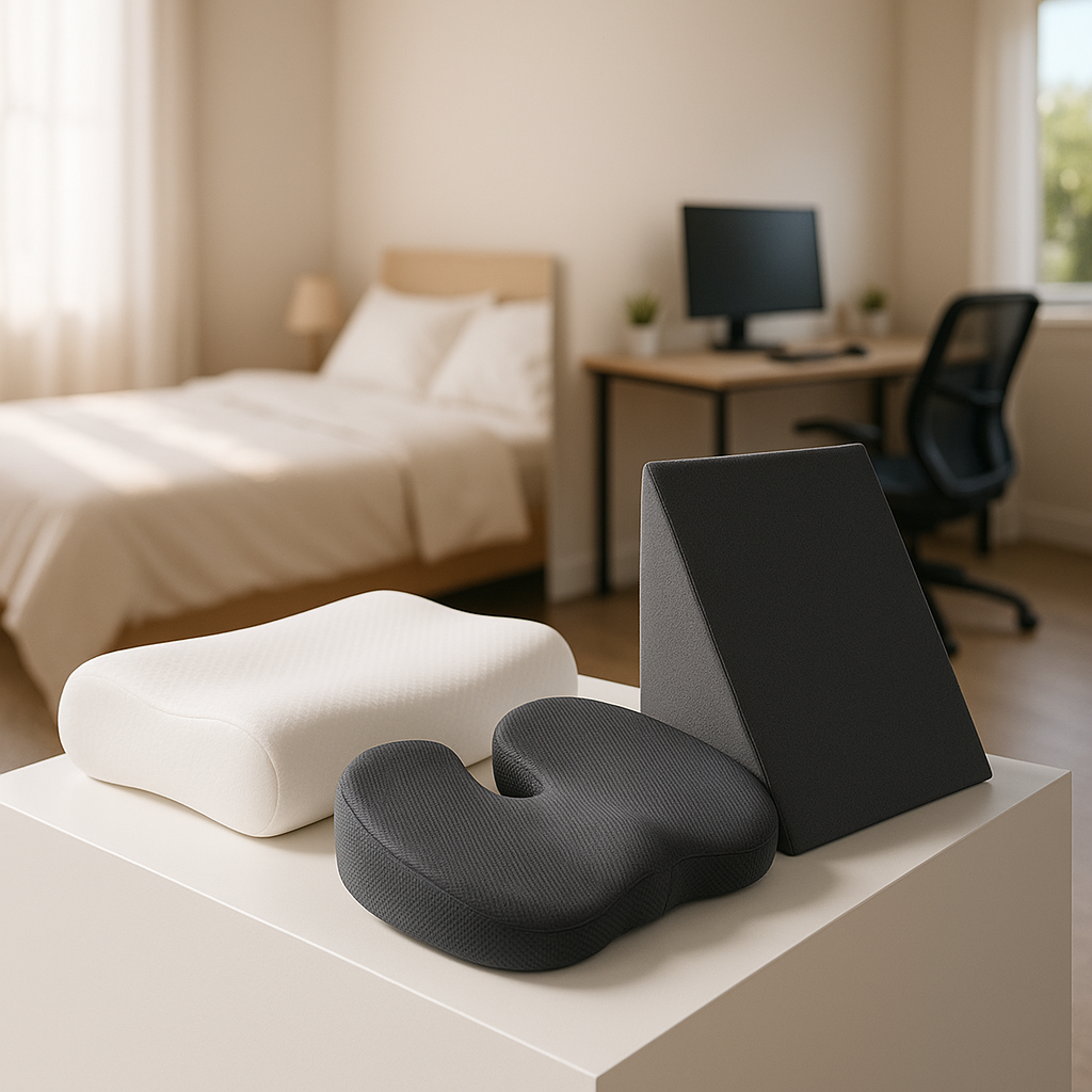 Three ergonomic pillows on a white surface with a bedroom and desk in the background.