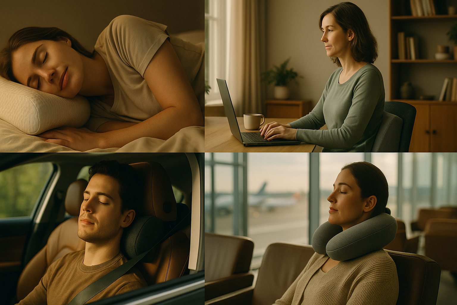 Collage of a woman sleeping on a pillow, working on a laptop, and using a neck pillow in a car.